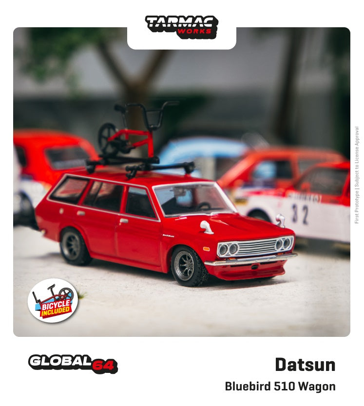 1:64 Red Datsun Bluebird 510 Wagon w/Bicycle Roof Rack Included